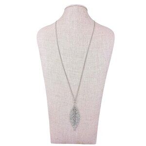 Vintage Silver Tone Rhinestone Pendant Necklace Elegant Mesh Leaf Design Jewelry